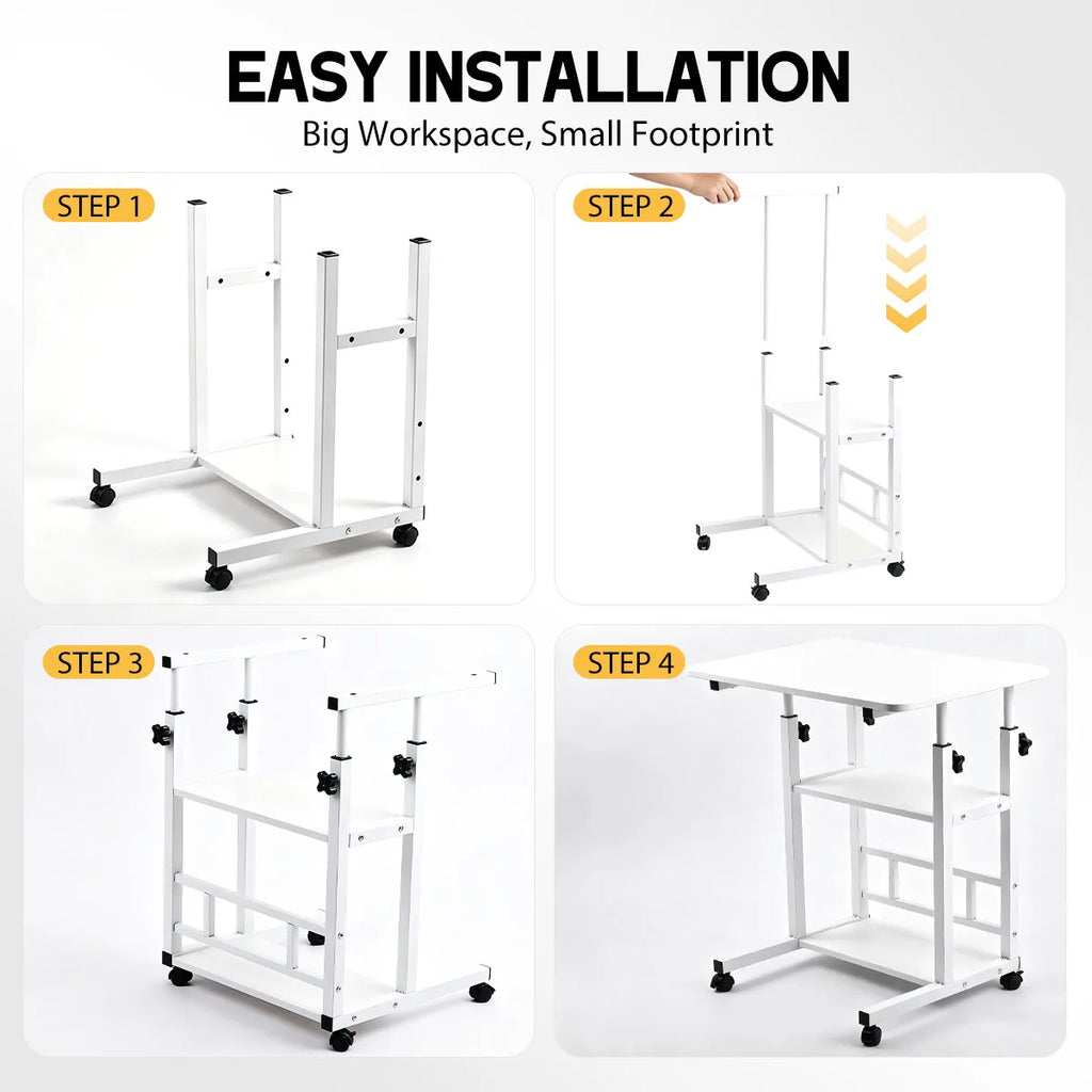 Adjustable Rolling Side Table with 3-Tier Storage