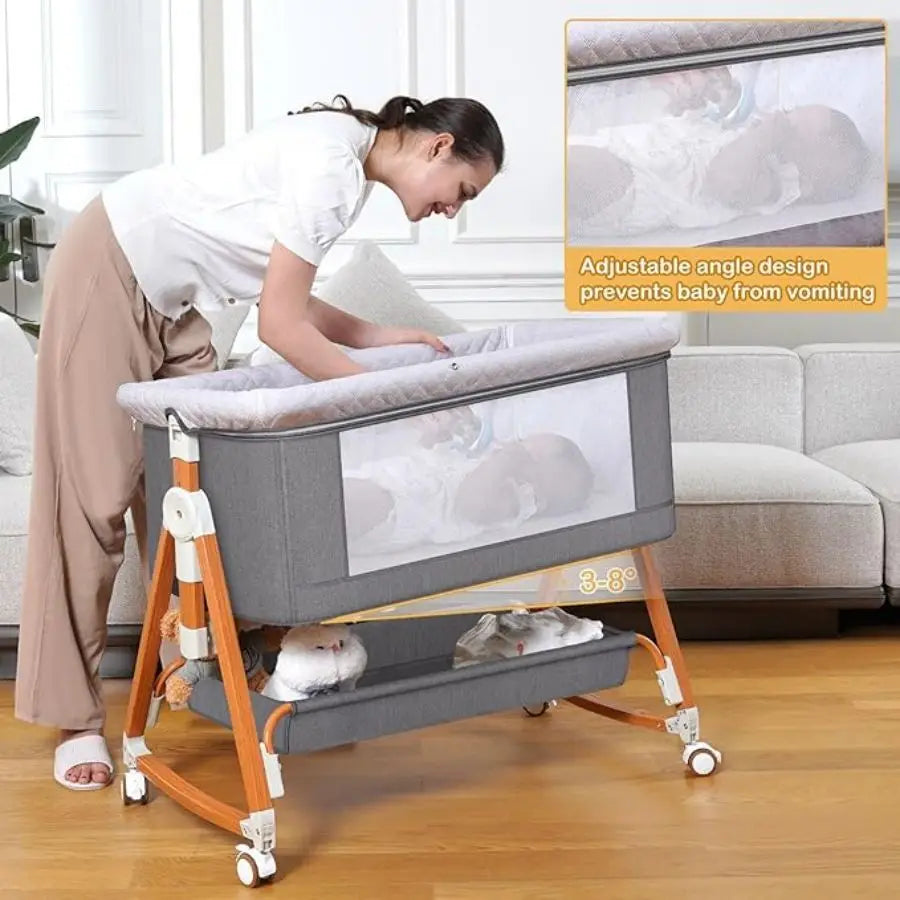 3 in 1 Portable Baby Bassinet, Foldable Bedside Crib with Rocking and 6 Adjustable Heights, Travel Crib with Wheels