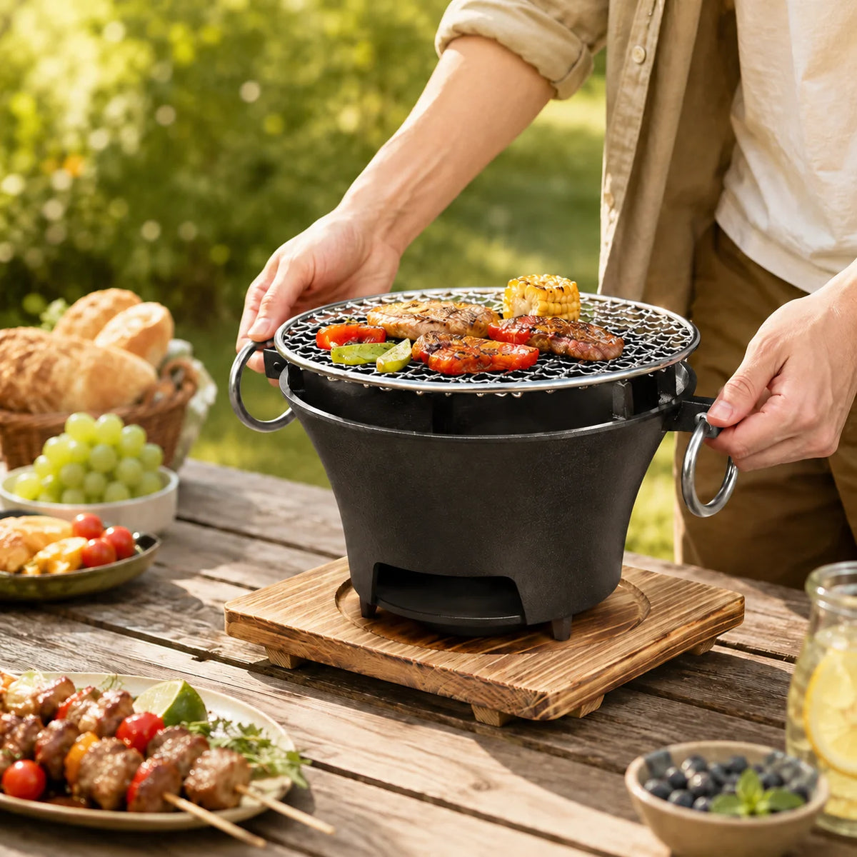 Zoe KL1 Portable Charcoal Grill Mini Tabletop BBQ Cast Iron Body Stainless Steel Removable Grill Net Heat-Resistant Wooden Base Silver Carry Rings Outdoor Picnic and Backyard Cooking