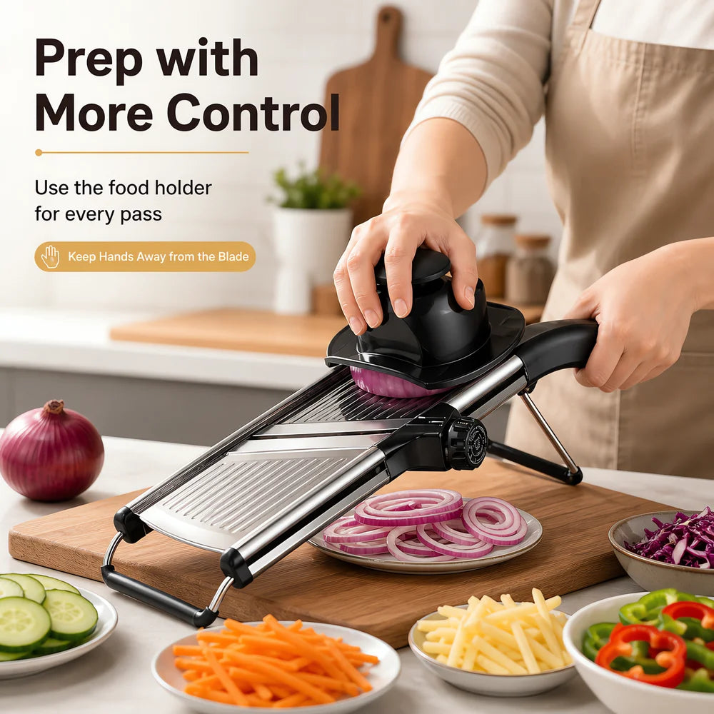 Adjustable Mandoline Slicer with Food Holder, Stainless Steel Kitchen Vegetable Slicer, Julienne Cutter Blade for Home Cooking