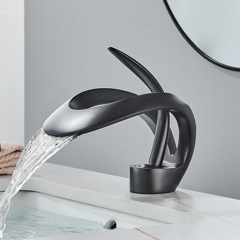 Solid Brass Waterfall Bathroom Sink Faucet, Single Handle Hot and Cold Mixer Tap
