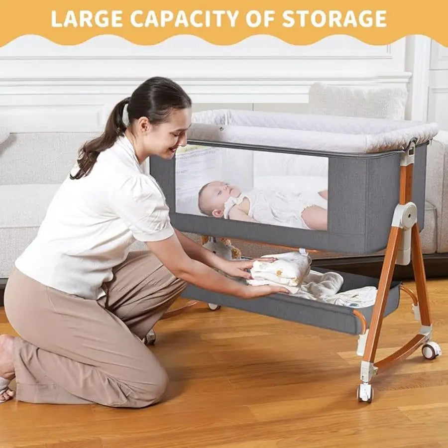 3 in 1 Portable Baby Bassinet, Foldable Bedside Crib with Rocking and 6 Adjustable Heights, Travel Crib with Wheels