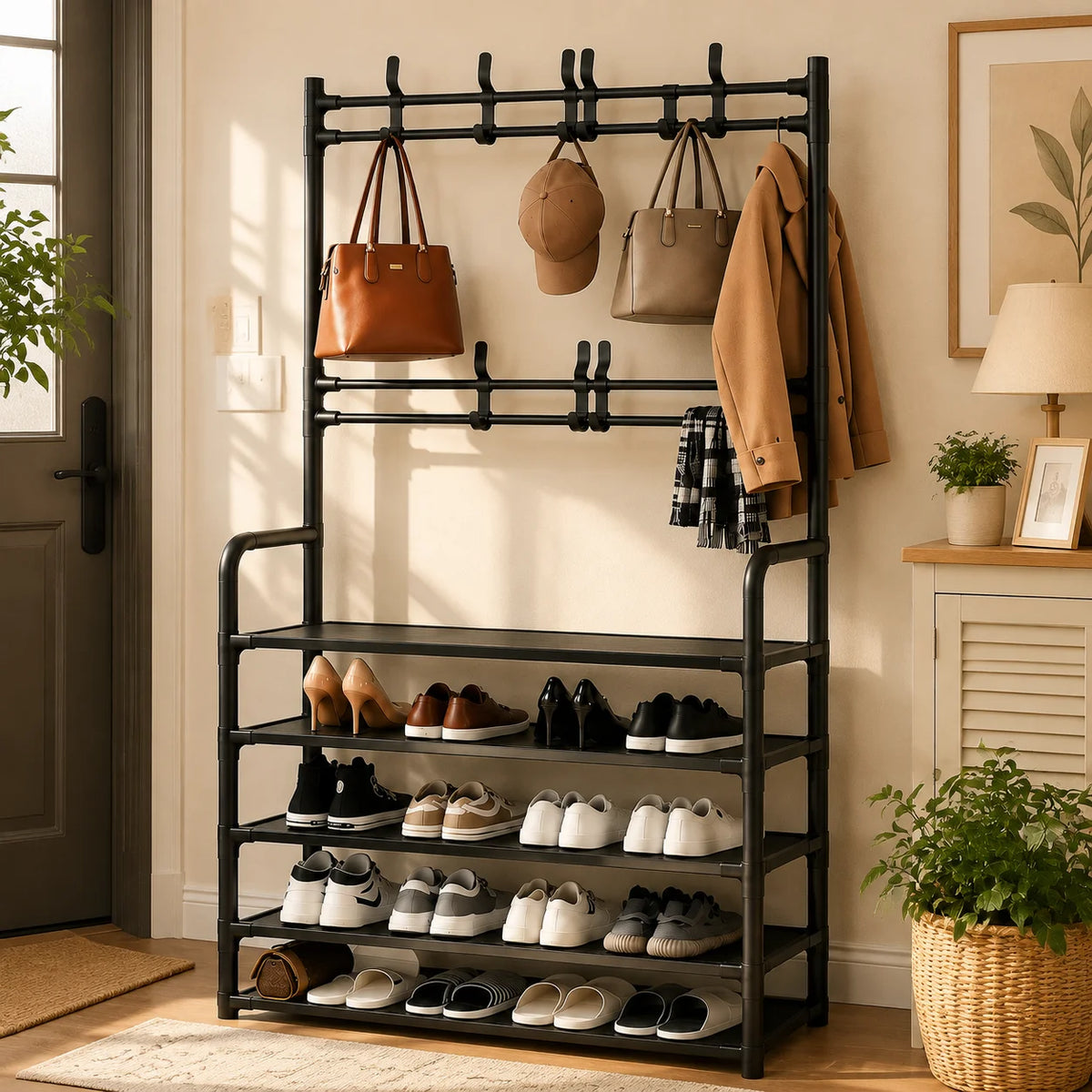 Folding Shoe Rack with Coat Rack, 4-in-1 Entryway Organizer with Storage Bench, Multi-Layer Shoe Shelf with Hooks for Clothes Bags Hats, Space Saving Hallway Storage Furniture