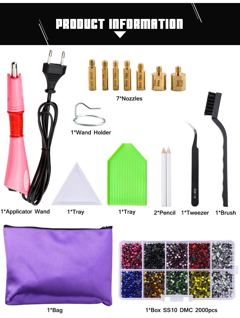 QIAO Hot Fix Rhinestones Set EU/US PLUG Hotfix Applicator 7 Tips Iron-on Crystal Glass Rhinestone Strass For Garment Decorations