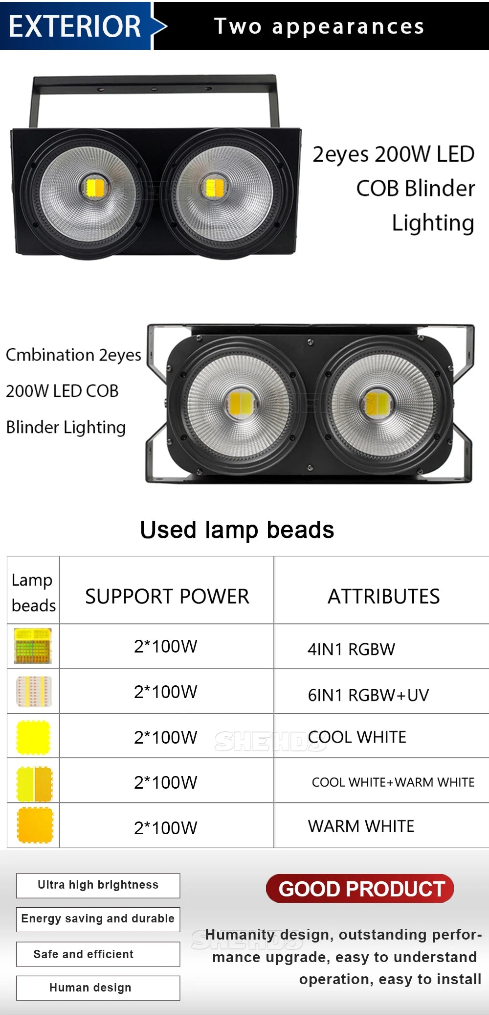 SHEHDS 4x100W 4 Eyes/200W 1Eye /2 Eyes LED Blinder Lights COB Cool And Warm White  For Dj Disco Party Stage