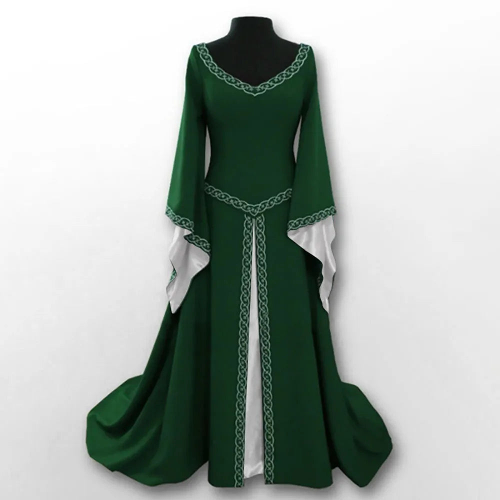 Medieval Vintage Long Dress, Flare Sleeve V Neck Floor Length Gown for Vampire Cosplay and Halloween Costumes