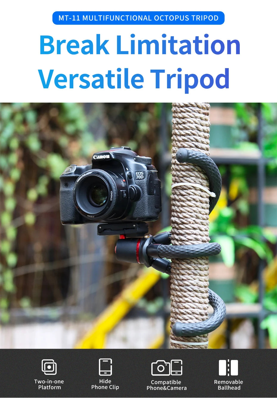 MT-11 Flexible Octopus Tripod Smartphone DSLR SLR Vlog Tripod Travel Portable 2 in 1 Tripod Extend 1/4 Screw Magic Arm