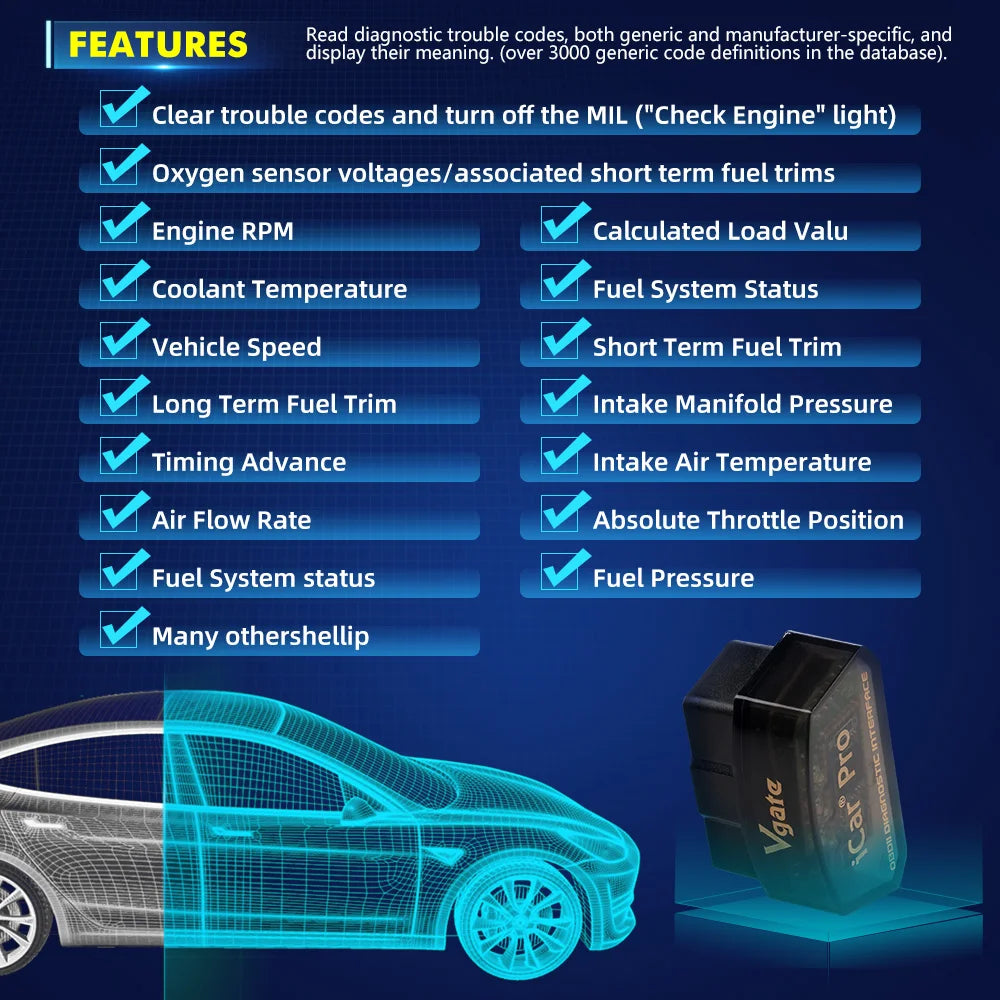 Vgate ICar Pro Bluetooth 3.0/4.0/WiFi Android/PC/iOS Supports Auto Wake Up Mode Elm327 V2.1 OBDII Code Reader Diagnostic Tool