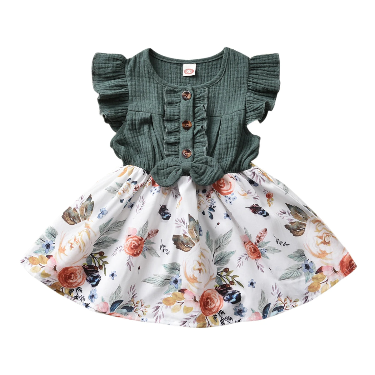 Toddler Girls Floral Bow Ruffle Sleeve A-Line Dress, Summer Dress 1-5 Years