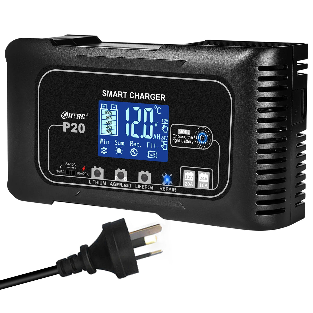 20A 12V-24V Smart Battery Charger for Motorcycle Car Battery Repair Auto Moto Lead Acid AGM GEL PB Lithium LiFePo4 Batteri