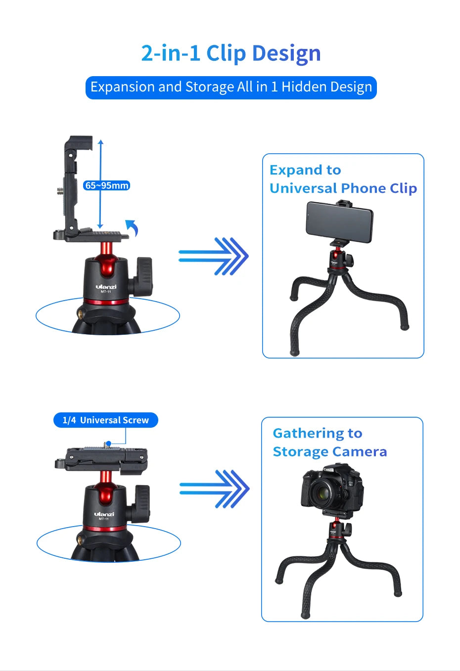 MT-11 Flexible Octopus Tripod Smartphone DSLR SLR Vlog Tripod Travel Portable 2 in 1 Tripod Extend 1/4 Screw Magic Arm