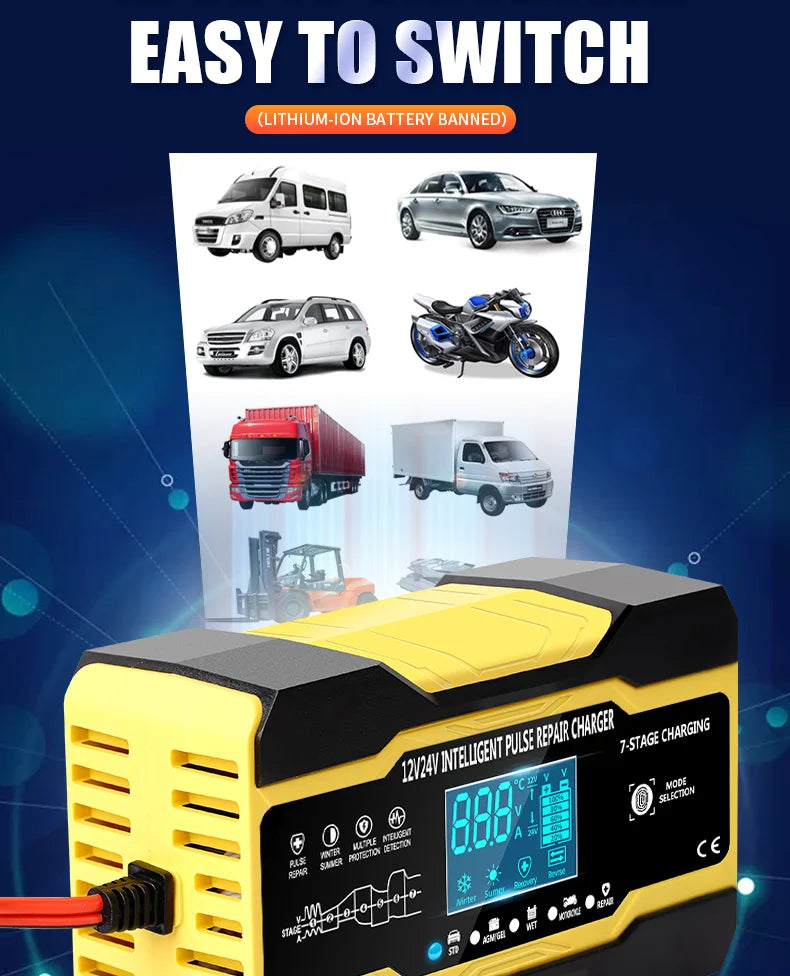 12V-24V 7-stage smart Car Battery-Charger Full Automatic 10A Digital Car Battery Charger  Pulse Repair for AGM GEL WET Lead Acid