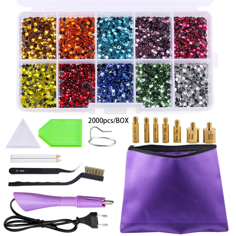QIAO Hot Fix Rhinestones Set EU/US PLUG Hotfix Applicator 7 Tips Iron-on Crystal Glass Rhinestone Strass For Garment Decorations