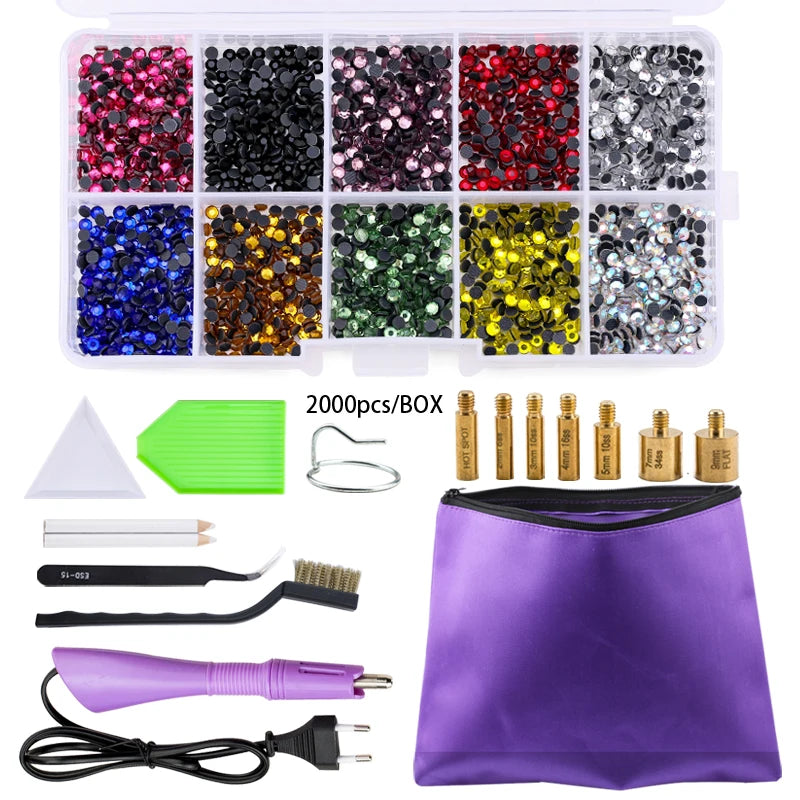 QIAO Hot Fix Rhinestones Set EU/US PLUG Hotfix Applicator 7 Tips Iron-on Crystal Glass Rhinestone Strass For Garment Decorations