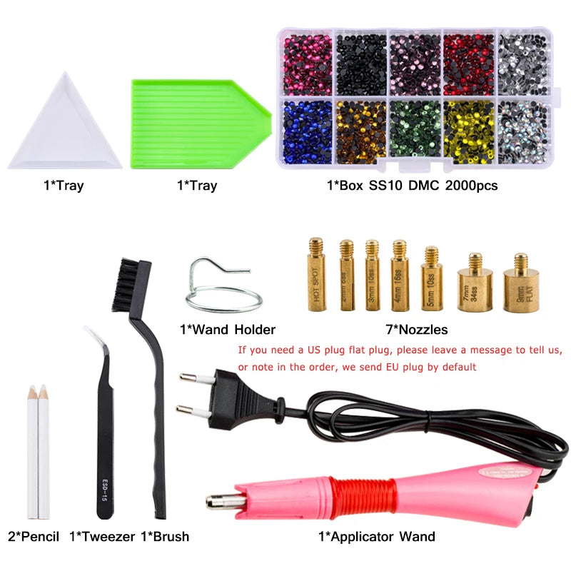 QIAO Hot Fix Rhinestones Set EU/US PLUG Hotfix Applicator 7 Tips Iron-on Crystal Glass Rhinestone Strass For Garment Decorations