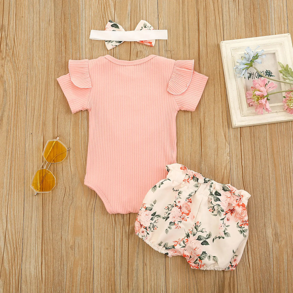 Baby Girl Summer Outfit, Ruffle Knit Romper with Floral Shorts and Headband Set