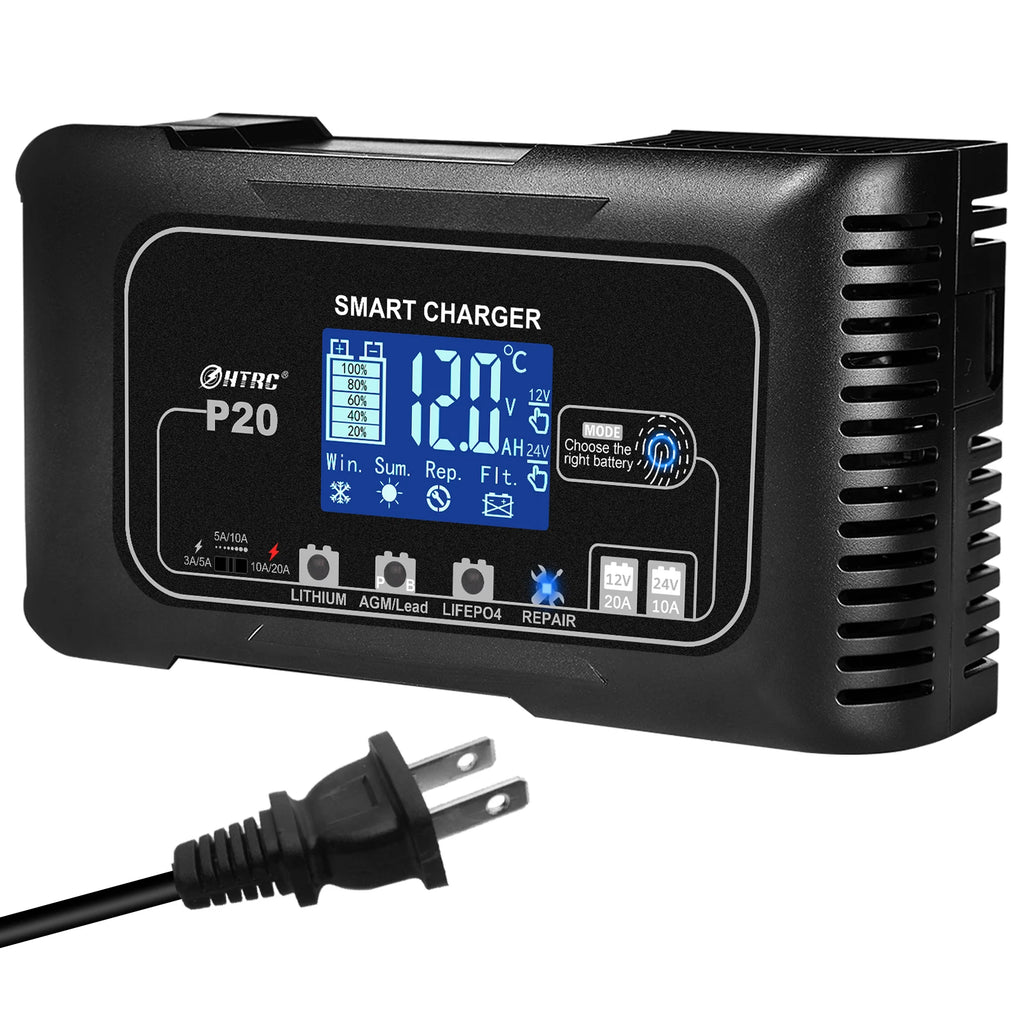 20A 12V-24V Smart Battery Charger for Motorcycle Car Battery Repair Auto Moto Lead Acid AGM GEL PB Lithium LiFePo4 Batteri