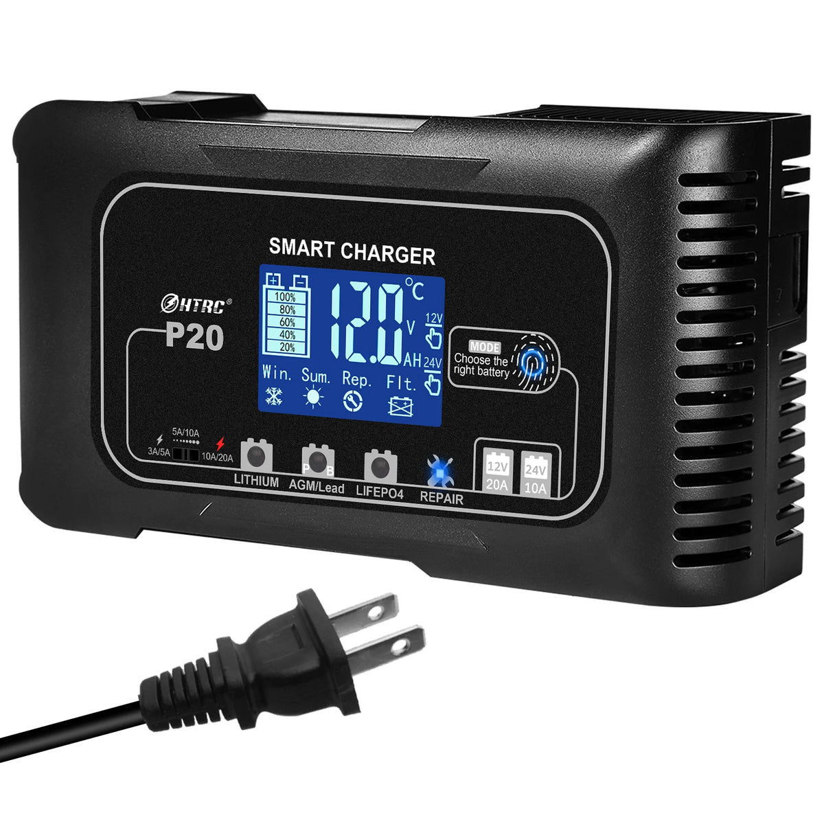 20A 12V-24V Smart Battery Charger for Motorcycle Car Battery Repair Auto Moto Lead Acid AGM GEL PB Lithium LiFePo4 Batteri