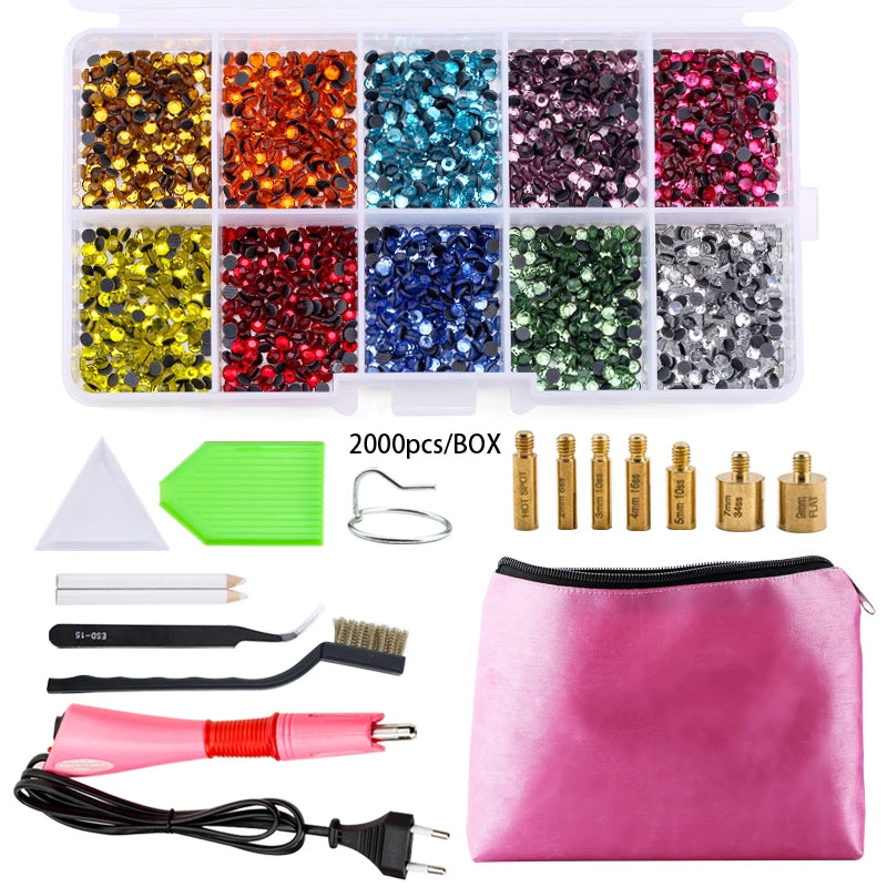 QIAO Hot Fix Rhinestones Set EU/US PLUG Hotfix Applicator 7 Tips Iron-on Crystal Glass Rhinestone Strass For Garment Decorations
