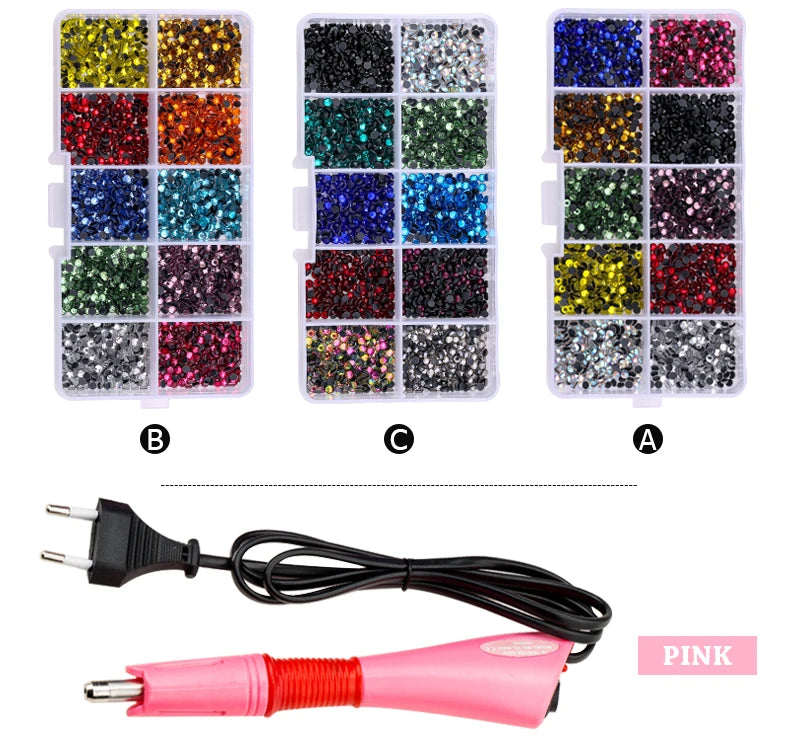 QIAO Hot Fix Rhinestones Set EU/US PLUG Hotfix Applicator 7 Tips Iron-on Crystal Glass Rhinestone Strass For Garment Decorations
