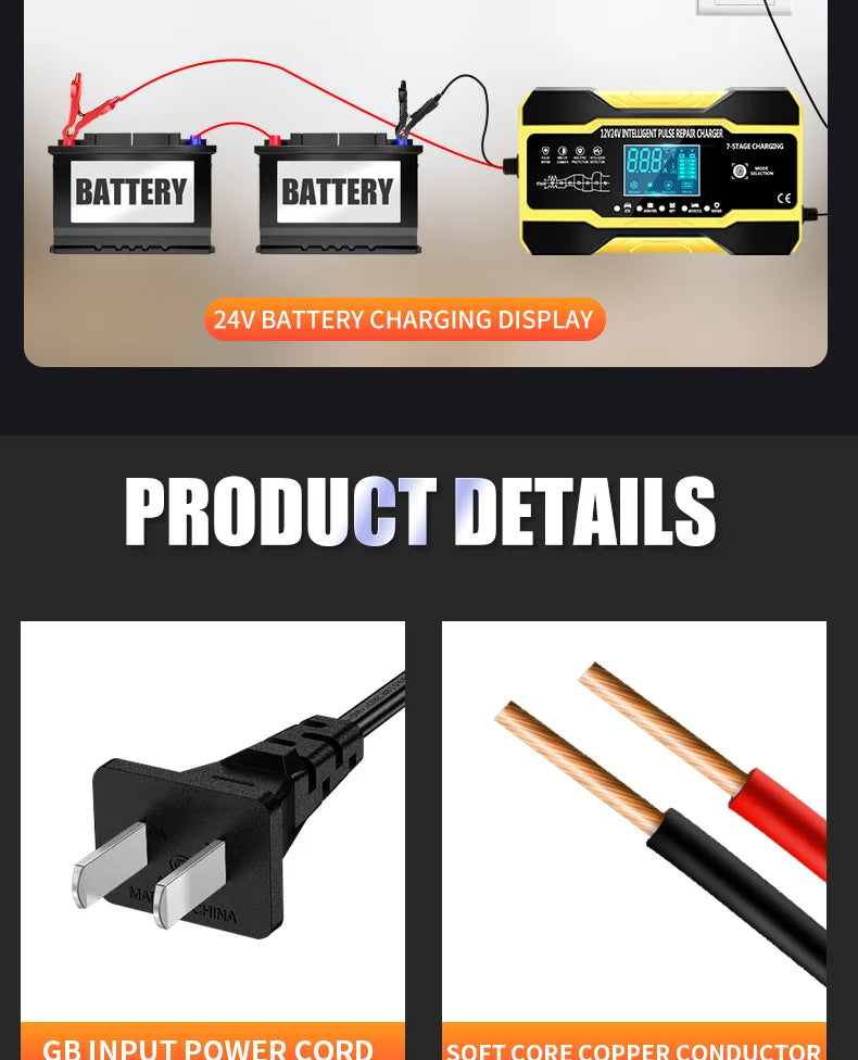 12V-24V 7-stage smart Car Battery-Charger Full Automatic 10A Digital Car Battery Charger  Pulse Repair for AGM GEL WET Lead Acid
