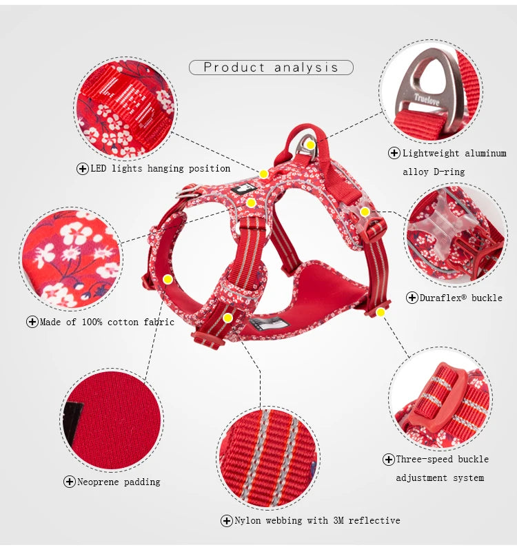 Truelove Pet Dog Harness Floral No Pull Cotton Fabric Breathable and Reflective Soft for Big Medium Small Adjustable VestTLH5655