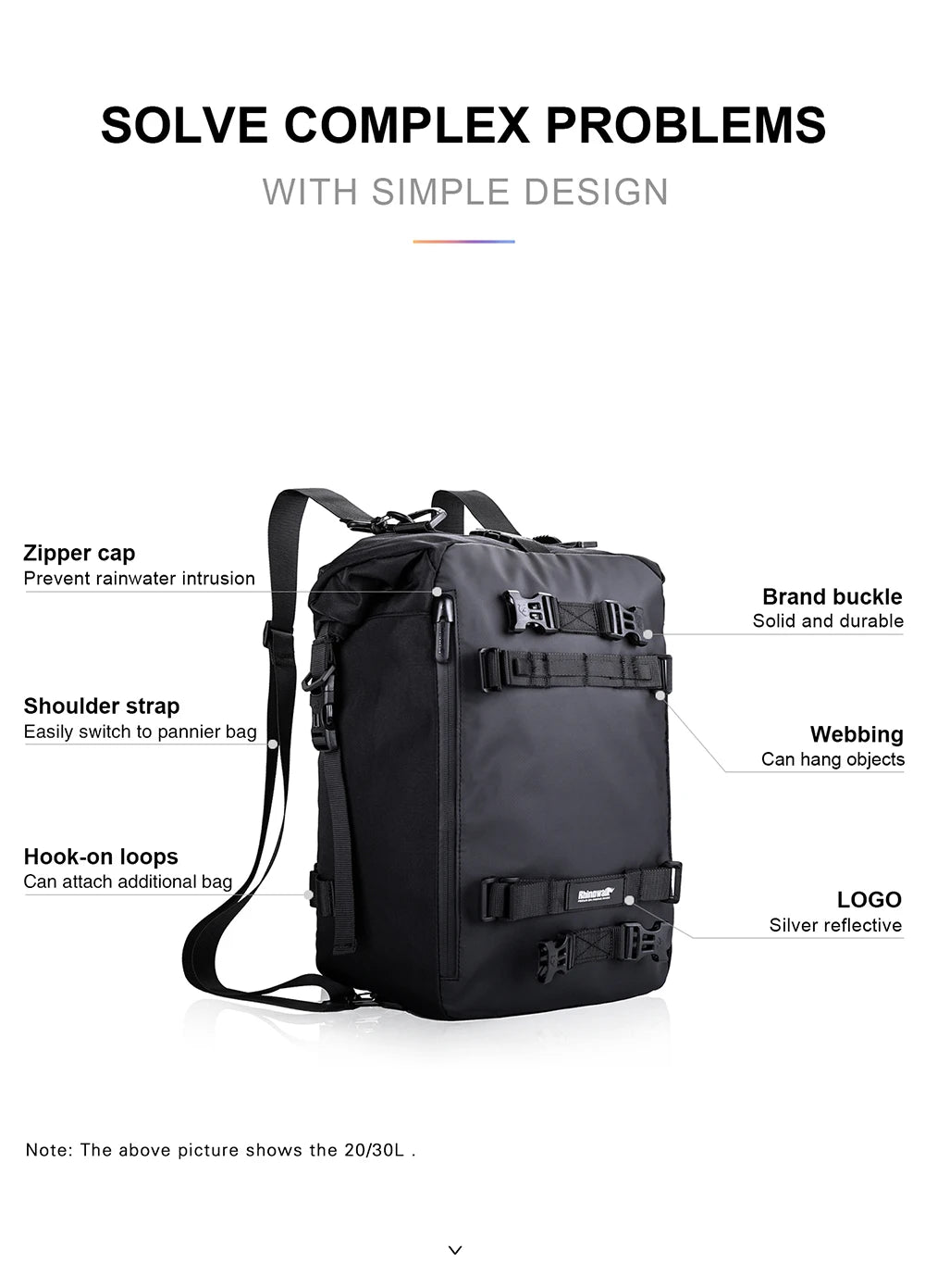 Rhinowalk Motorcycle Rear Seat Bag 10L 20L 30L Waterproof Luggage Pack Motocross Multi-Function Bumper Modification Bale