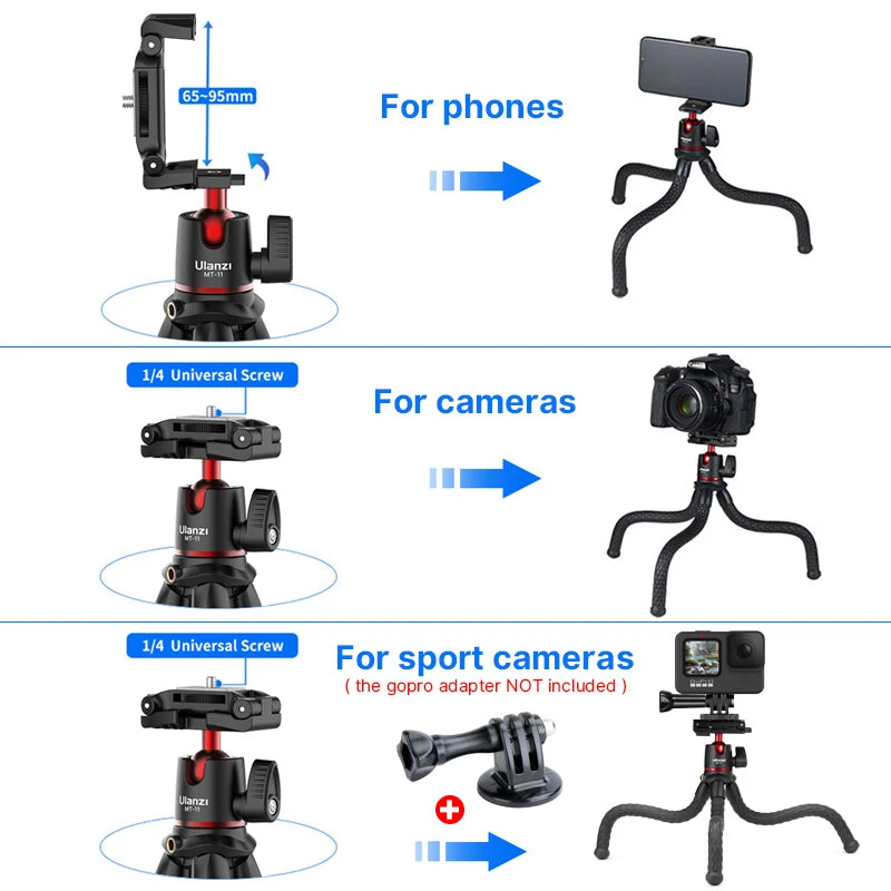 MT-11 Flexible Octopus Tripod Smartphone DSLR SLR Vlog Tripod Travel Portable 2 in 1 Tripod Extend 1/4 Screw Magic Arm