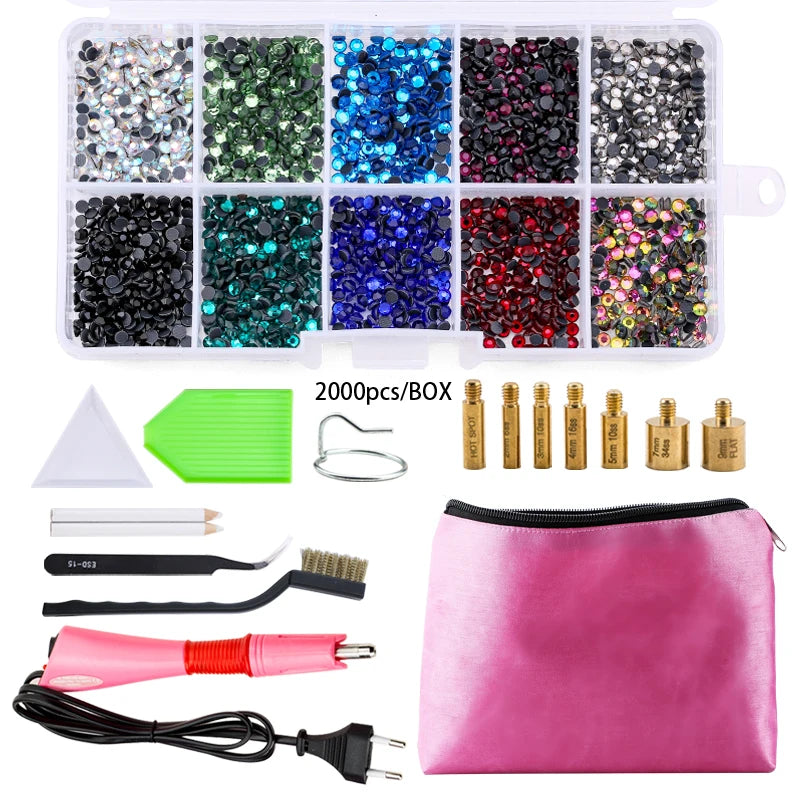 QIAO Hot Fix Rhinestones Set EU/US PLUG Hotfix Applicator 7 Tips Iron-on Crystal Glass Rhinestone Strass For Garment Decorations
