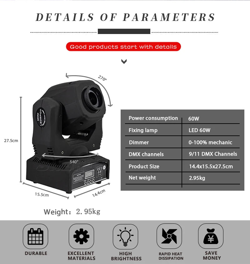 SHEHDS Lyre LED 60W Gobo Moving Head Lighting Spot Light Stage Light Wedding Christmas Birthday DJ Disco KTV Bar Event