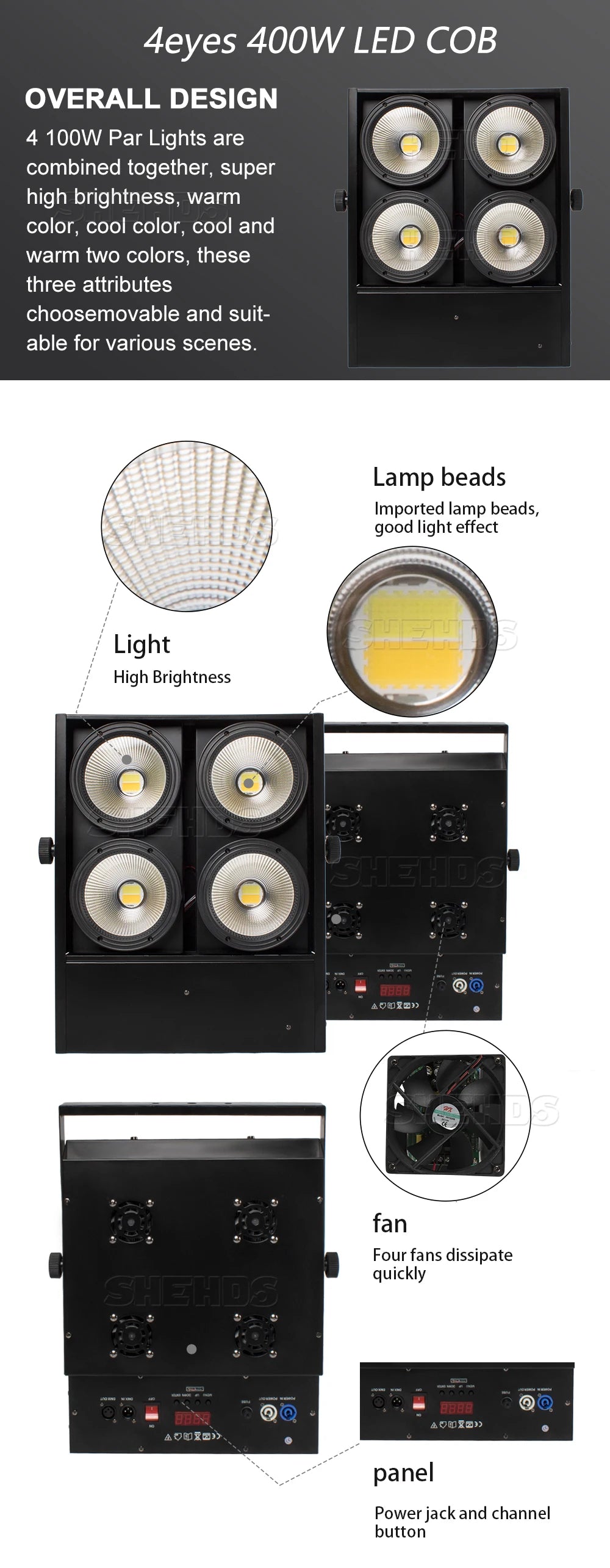SHEHDS 4x100W 4 Eyes/200W 1Eye /2 Eyes LED Blinder Lights COB Cool And Warm White  For Dj Disco Party Stage