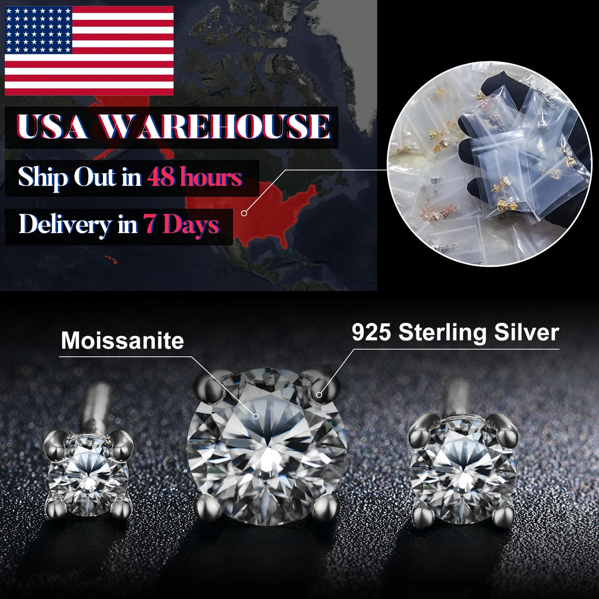 Real 0.5-2 Carat Black Moissanite Earrings For Women 100% 925 Sterling Silver Earring 2023 Trend Wedding Jewelry Christmas Gifts