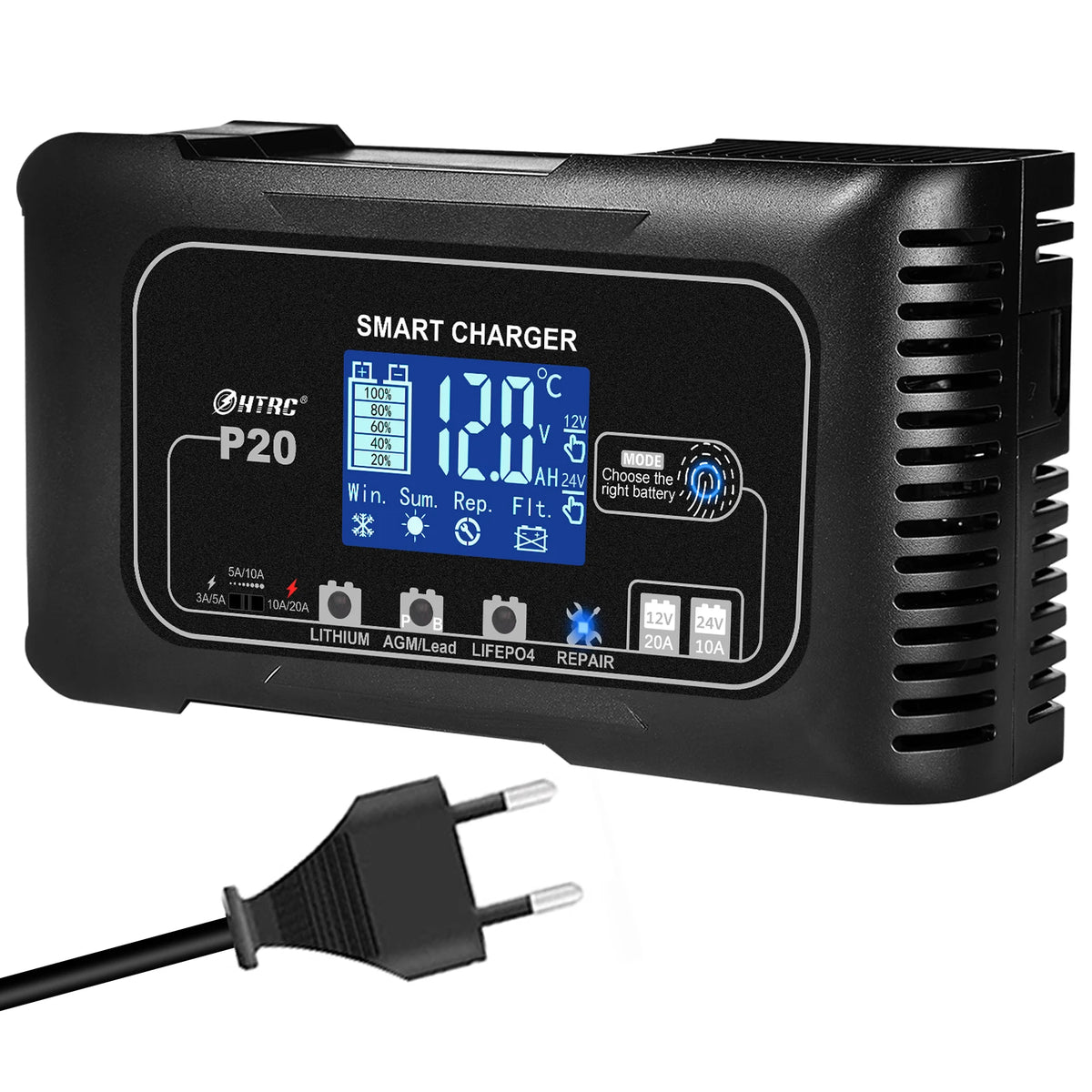 20A 12V-24V Smart Battery Charger for Motorcycle Car Battery Repair Auto Moto Lead Acid AGM GEL PB Lithium LiFePo4 Batteri