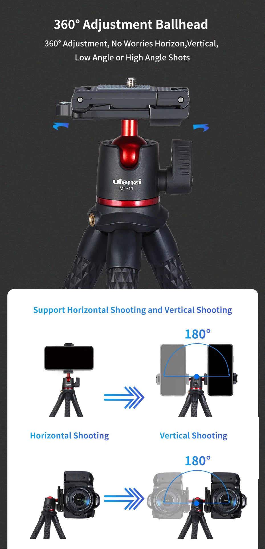 MT-11 Flexible Octopus Tripod Smartphone DSLR SLR Vlog Tripod Travel Portable 2 in 1 Tripod Extend 1/4 Screw Magic Arm