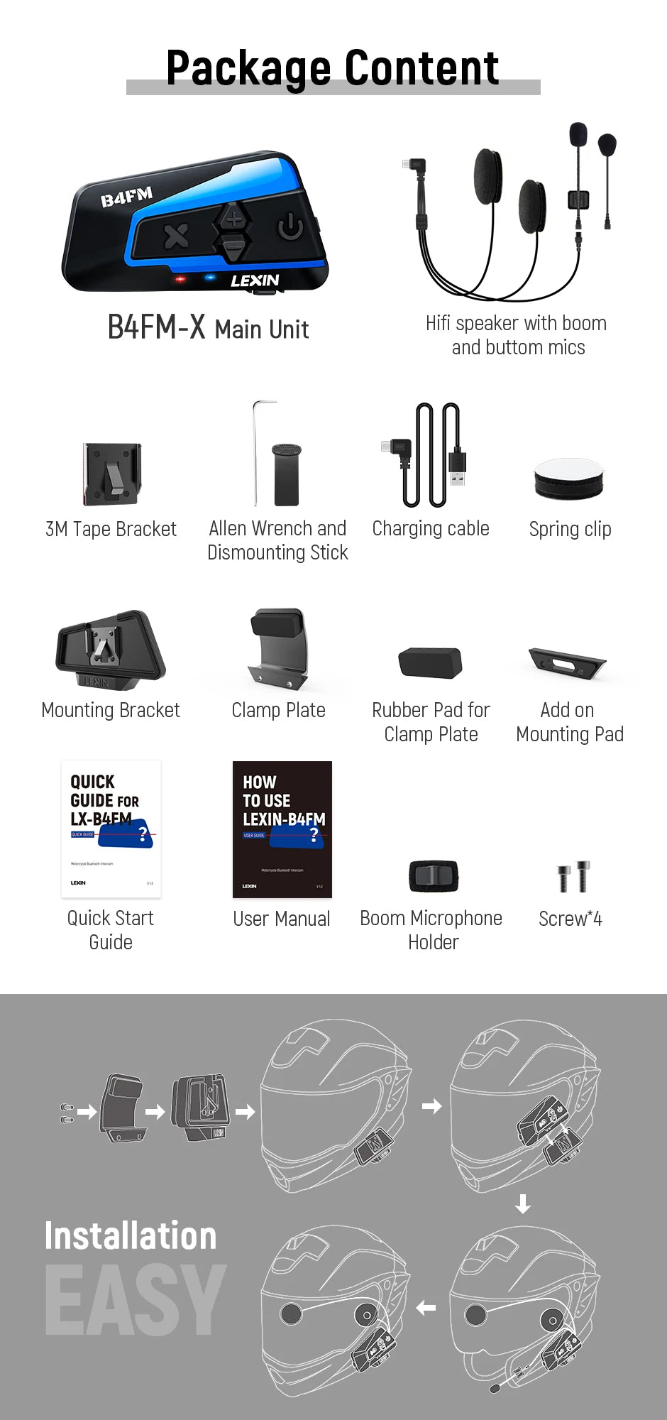 LX-B4FM-X for 10 Riders Intercom Motorcycle Bluetooth Helmet Headsets BT Moto with FM Radio