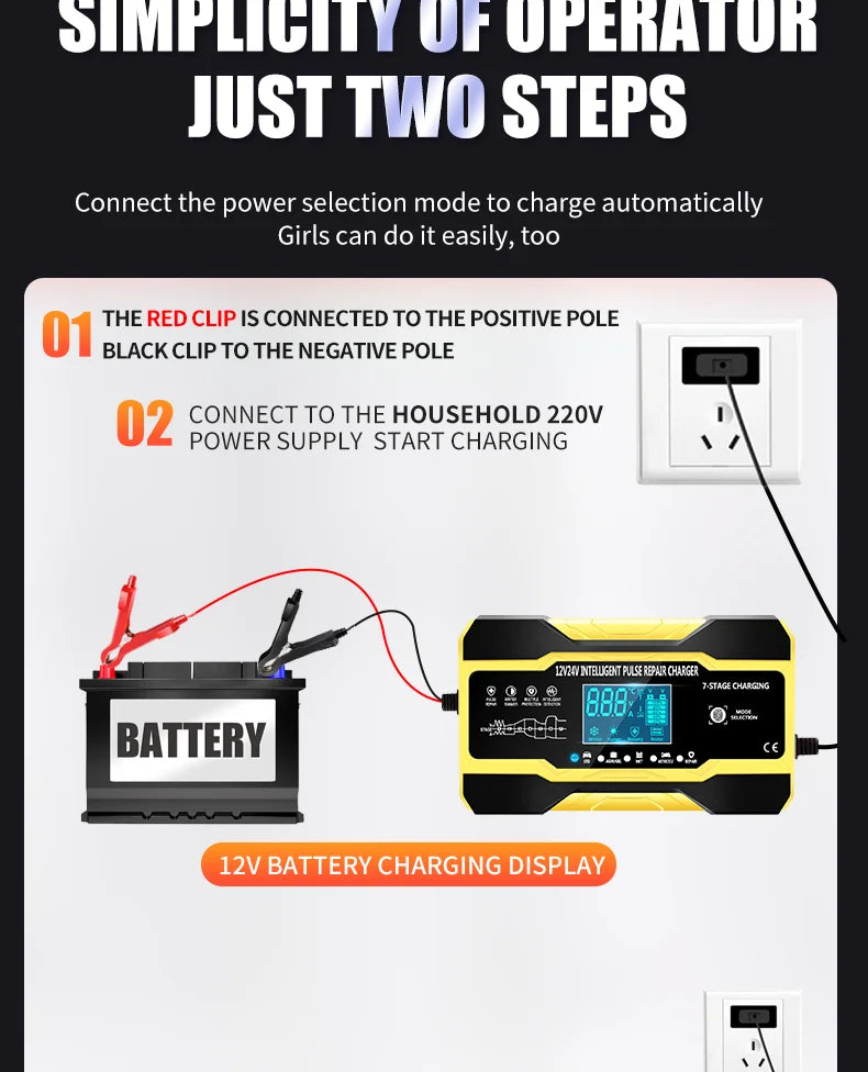 12V-24V 7-stage smart Car Battery-Charger Full Automatic 10A Digital Car Battery Charger  Pulse Repair for AGM GEL WET Lead Acid