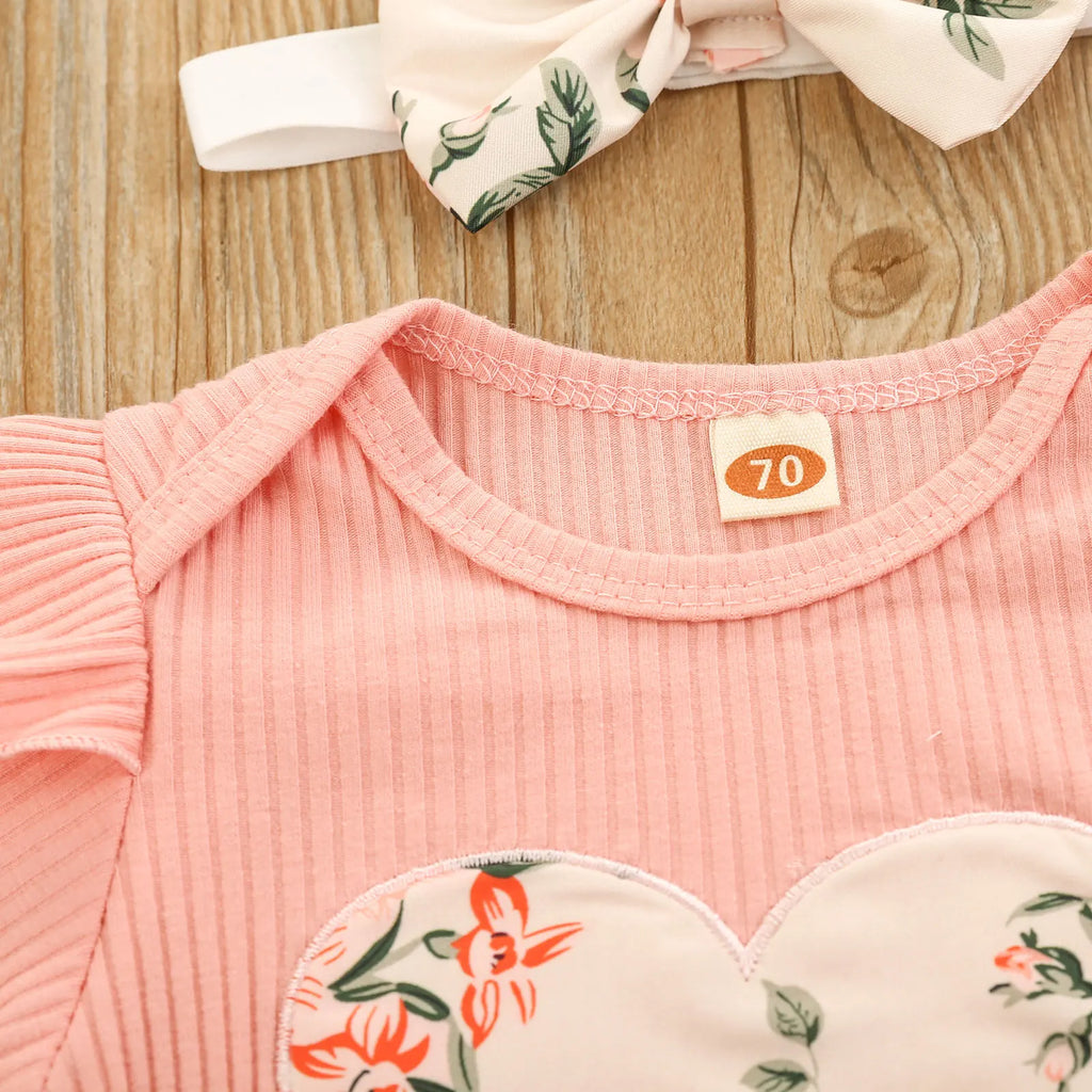 Baby Girl Summer Outfit, Ruffle Knit Romper with Floral Shorts and Headband Set