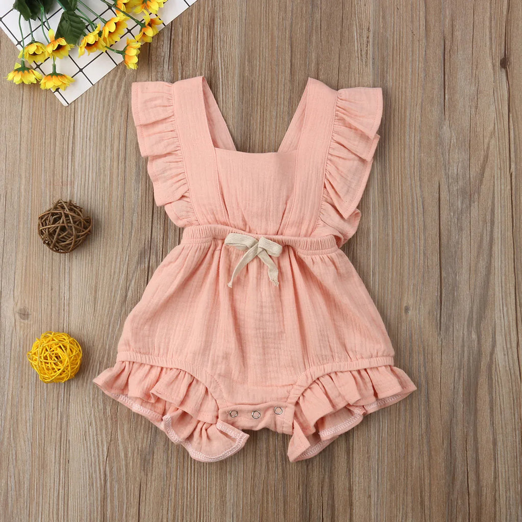 Newborn Baby Girl Ruffle Bodysuit, Solid Color Summer Romper Sunsuit