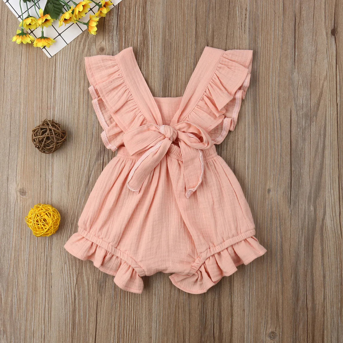 Newborn Baby Girl Ruffle Bodysuit, Solid Color Summer Romper Sunsuit