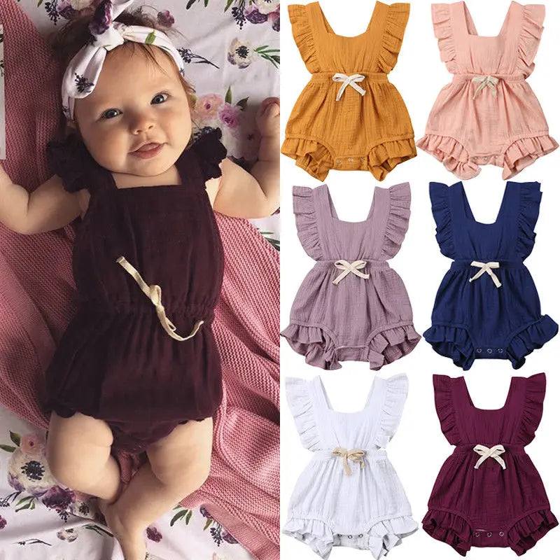Newborn Baby Girl Ruffle Bodysuit, Solid Color Summer Romper Sunsuit