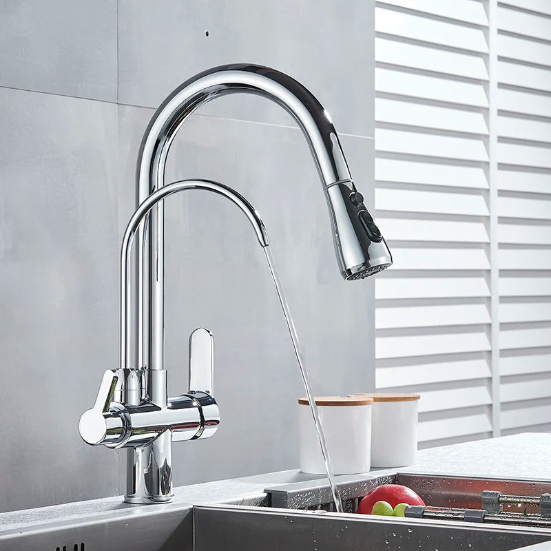 Matte Black Pure Water Kitchen Faucet Dual Handle Hot and Cold Drinking Water Pull Out Kitchen Mixer Taps