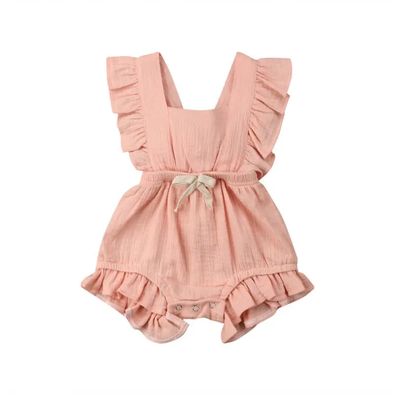 Newborn Baby Girl Ruffle Bodysuit, Solid Color Summer Romper Sunsuit
