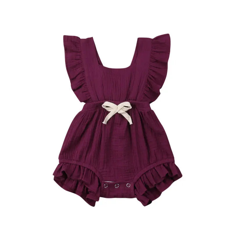 Newborn Baby Girl Ruffle Bodysuit, Solid Color Summer Romper Sunsuit