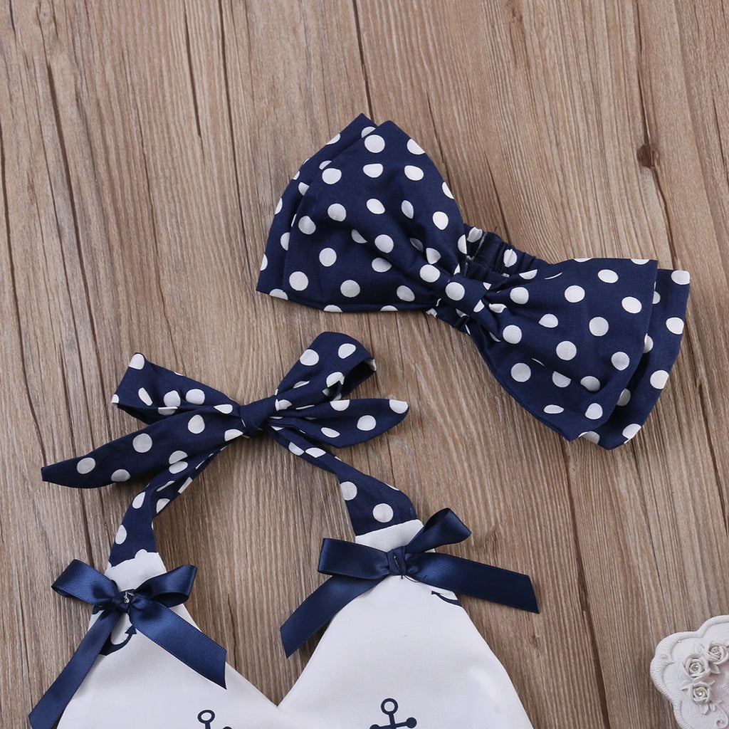 Infant Baby Girl 3-Piece Summer Outfit, Anchor Top with Polka Dot Bloomers and Headband