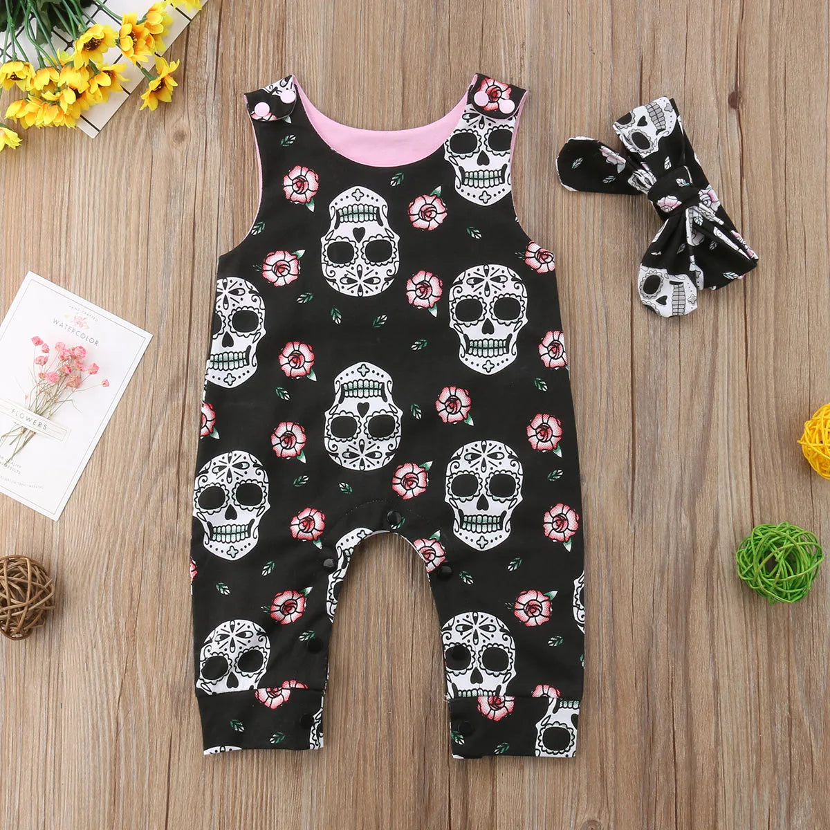 Halloween Skull Floral Baby Romper