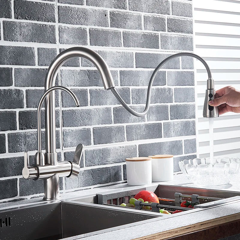 Matte Black Pure Water Kitchen Faucet Dual Handle Hot and Cold Drinking Water Pull Out Kitchen Mixer Taps