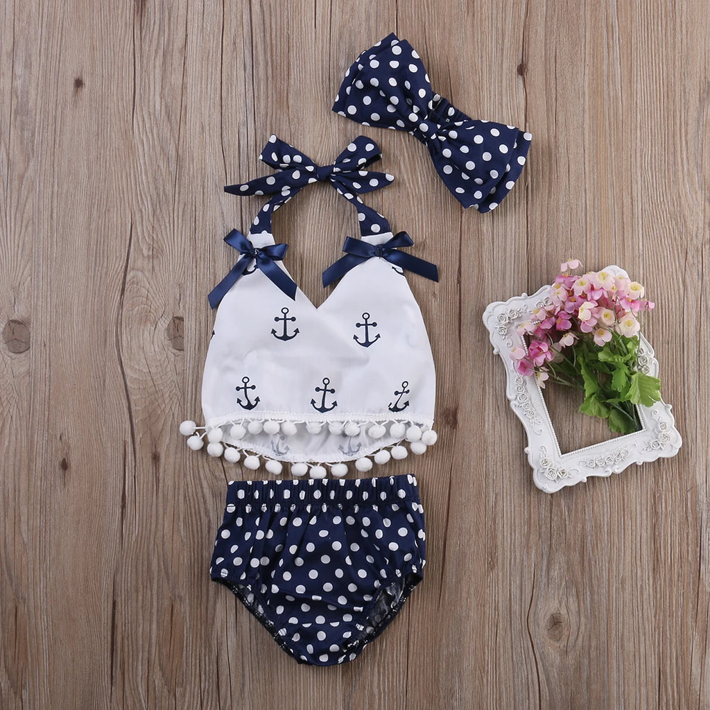 Infant Baby Girl 3-Piece Summer Outfit, Anchor Top with Polka Dot Bloomers and Headband