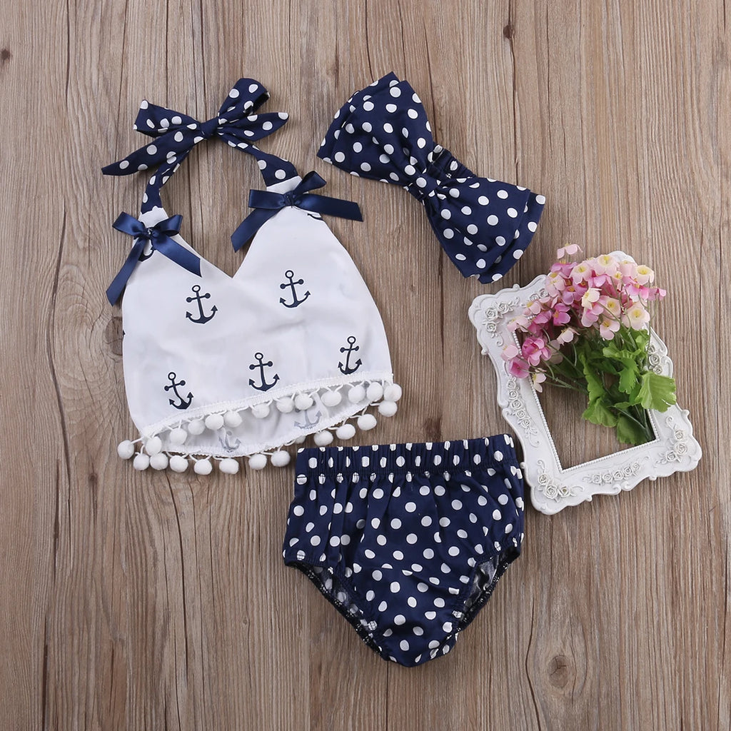 Infant Baby Girl 3-Piece Summer Outfit, Anchor Top with Polka Dot Bloomers and Headband