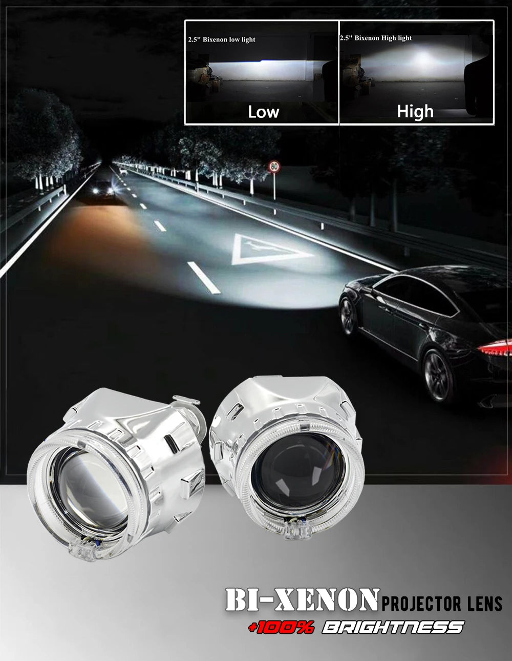 2.5 Inch 8.0 Bi Xenon Projector Lens With DRL LED Angel Eyes Shrouds Car Assembly Kit For Car Headlight H1 H4 H7 Model