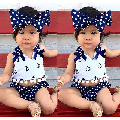 Infant Baby Girl 3-Piece Summer Outfit, Anchor Top with Polka Dot Bloomers and Headband